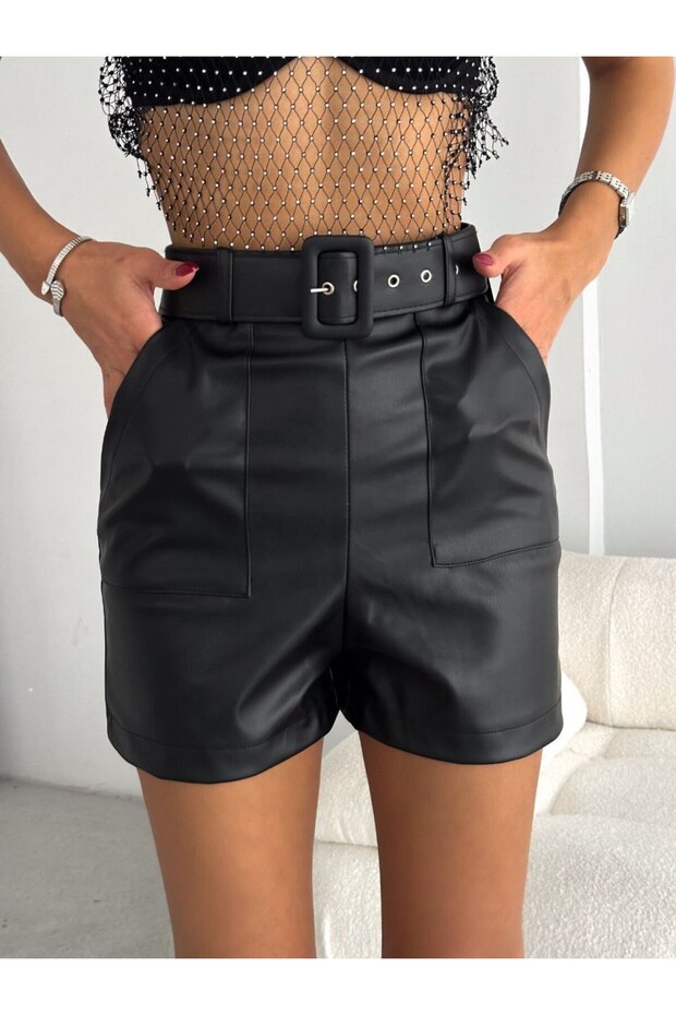 Kemerli Deri Şort - 2
