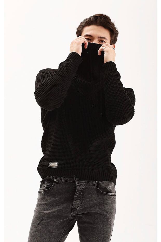 Erkek Siyah Boğazlı Örme Triko Kazak - 1