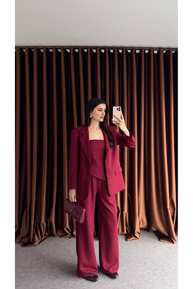 Women's Premium Asymmetrical Blouse Detailed Blazer Jacket Pants Triple Suit