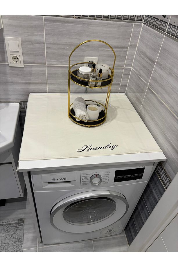Krem Laundry Duck Keten Su Geçirmez ve Kirlenmez Çamaşır Makinesi Örtüsü - Şık Desen Seçenekleri ile - 3