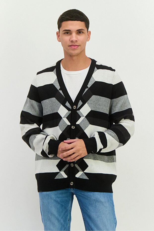 Men V-Neck Long Sleeves Striped Cardigan, Multicolor