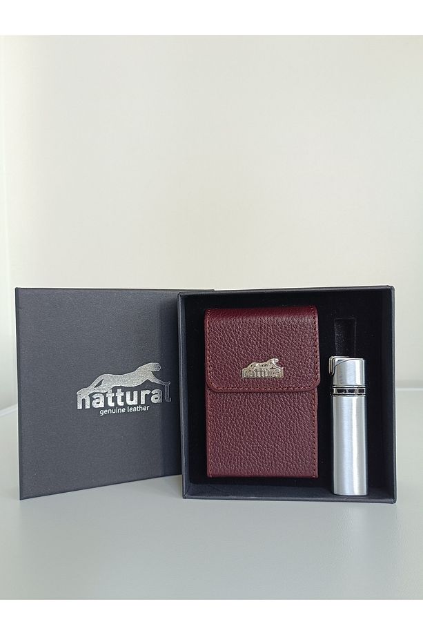 Deri Sigara Kutusu & Çakmak Set - Bordo - 1