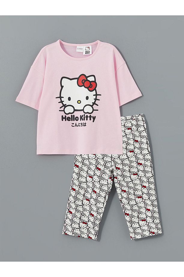 Bisiklet Yaka Hello Kitty Baskılı Kız Çocuk Pijama Takımı - 1