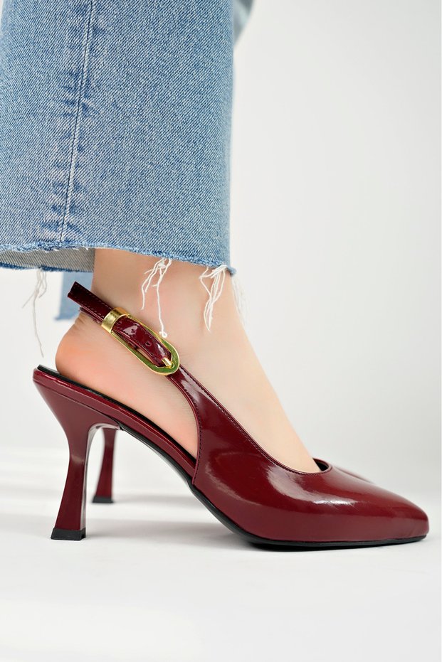 Women's Burgundy Patent Leather Pointed Heeled Shoes