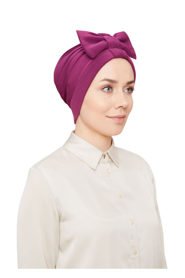 Purple Women's Hijab Bow Outer Bonnet Ready Turban