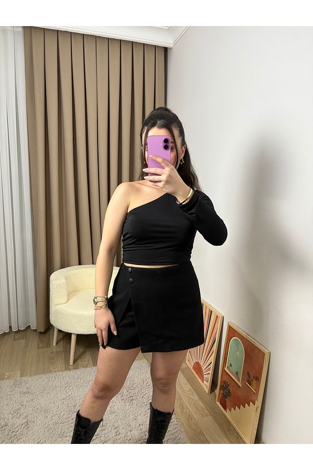 Asimetrik Tek Omuz Crop Top - 3