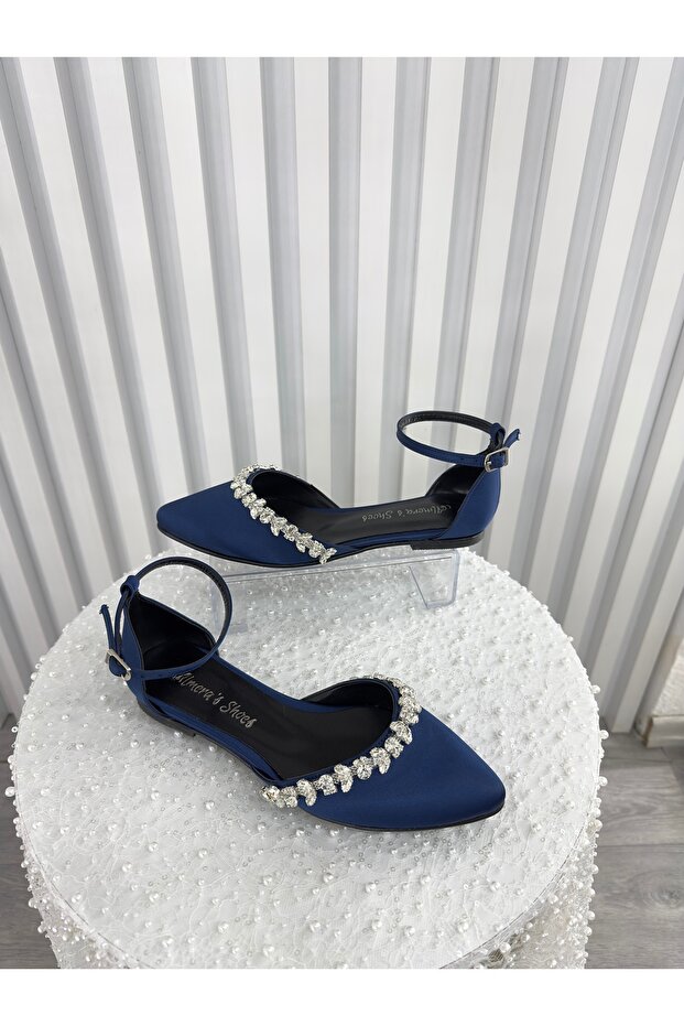 Navy Blue Satin Stone Detailed Ballerinas