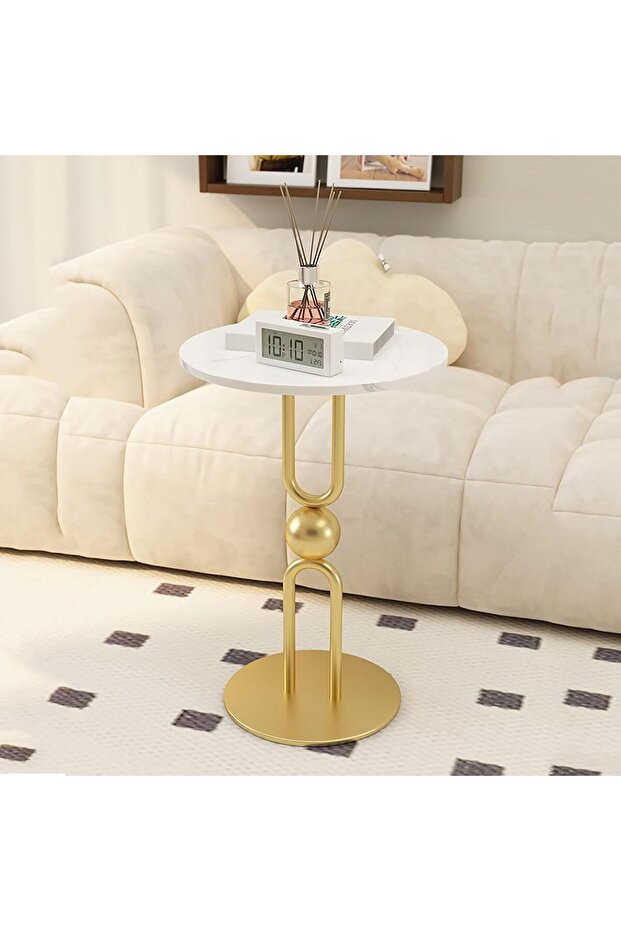 Iron side table with white marble alternative - 35 x 55 cm