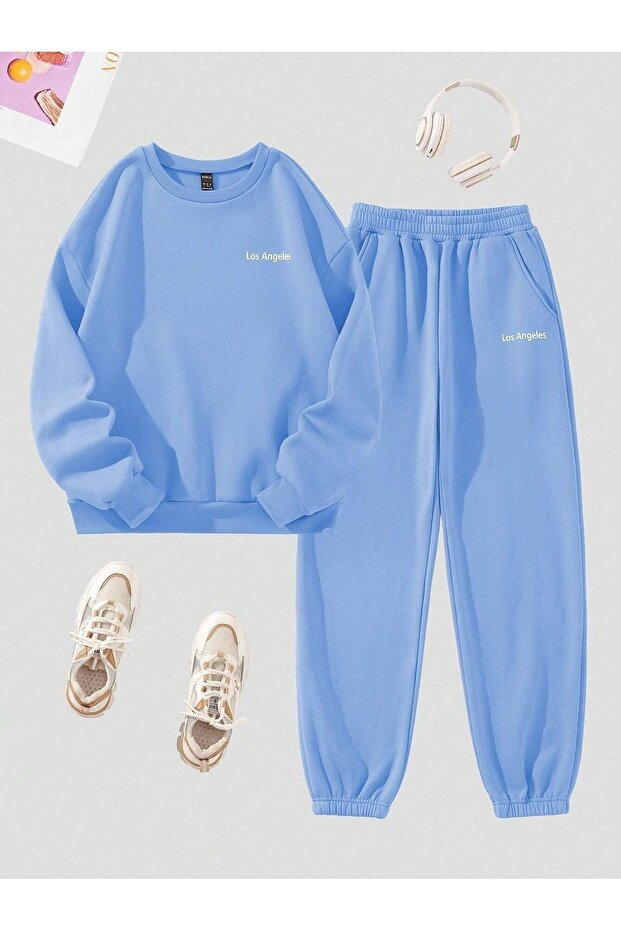 3 Thread California Summer Sweatshirt Sweatpants Jogger - Baby Blue Printed Sweatpants Set Crew Neck