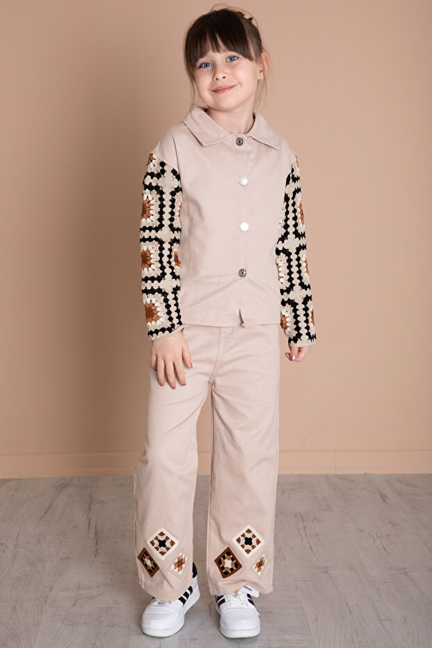 Beige Embroidery Detailed Sleeves Lace Girls Bottom Top Suit 20337