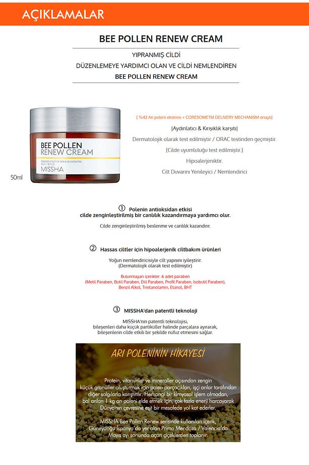 Arı Poleni İçeren Yoğun Besleyici Nemlendirici Krem 50ml Bee Pollen Renew Cream - 2