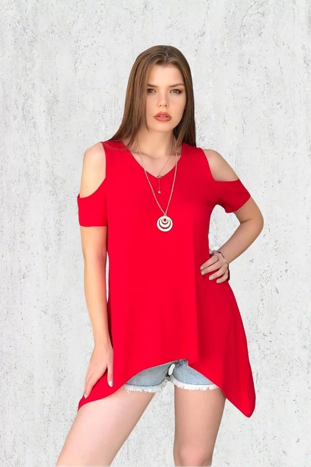 بلوزة غير متماثلة مع نافذة الكتف - 1