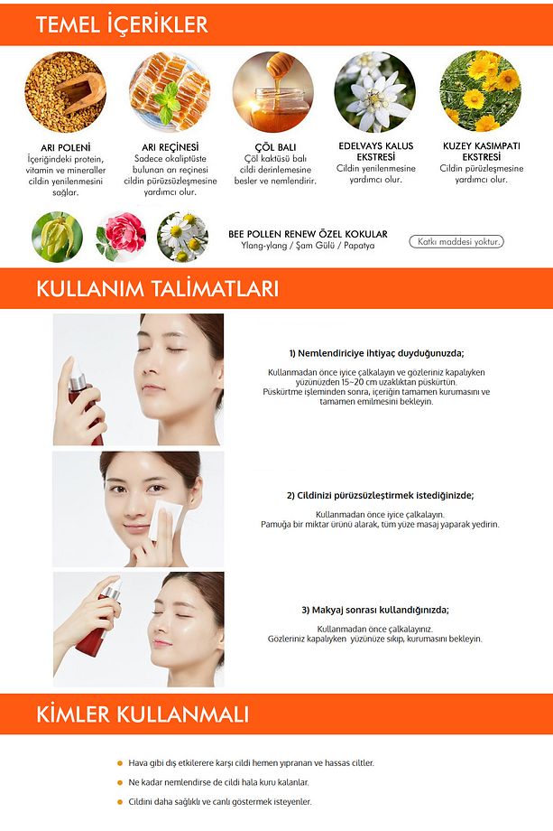 Arı Poleni İçeren Yoğun Besleyici Nemlendirici Sprey Mist 150ml Bee Pollen Renew Treatment - 3