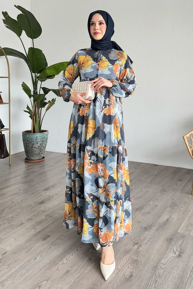 فستان شيفون منقوش باللون الفحمي - 4