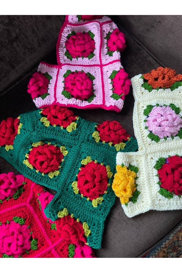 Gül Motifli Crochet Balaclava El Örgüsü Boyunluklu Bere,Örgü Şapka - 3
