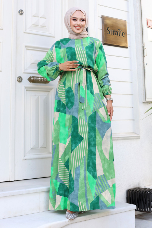 Geometric Patterned Waist Belted Viscose Long Modest Dress Tsd240712 Green