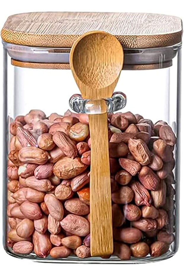 600ML Square Glass Jar with Bamboo Lid & Spoon – Airtight Storage for Sugar, Coffee