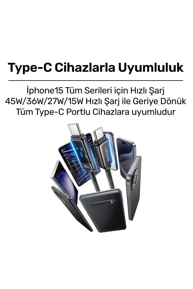 US-SJ744 Type-C To Type-C 100W Meteor Efekt Ekranlı 1.2m Hızlı Şarj ve Data Kablosu Titanium - 7
