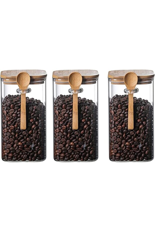 Pack of 3 Rectangular Glass Jars (1L) with Wooden Lids Spoon Airtight Borosilicate Canisters