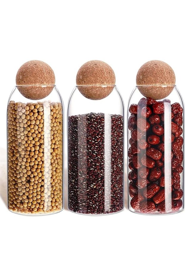 Set of 3 Glass Food Storage Canisters (1000ML) with Airtight Cork Lids – Clear Pantry Jars