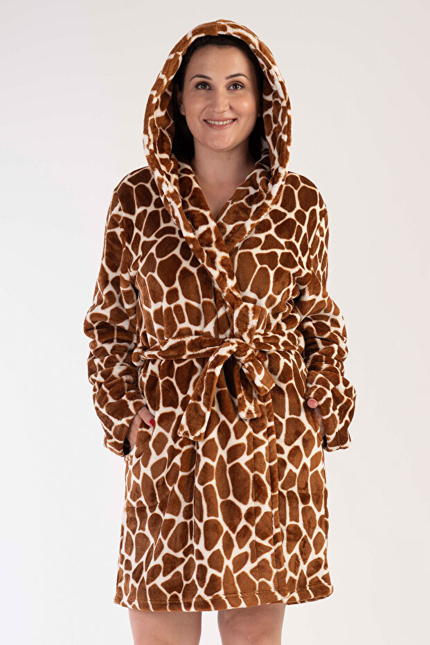 Women's Welsoft Large Size Hooded Long Sleeve Short Pocket Dressing Gown, 303073