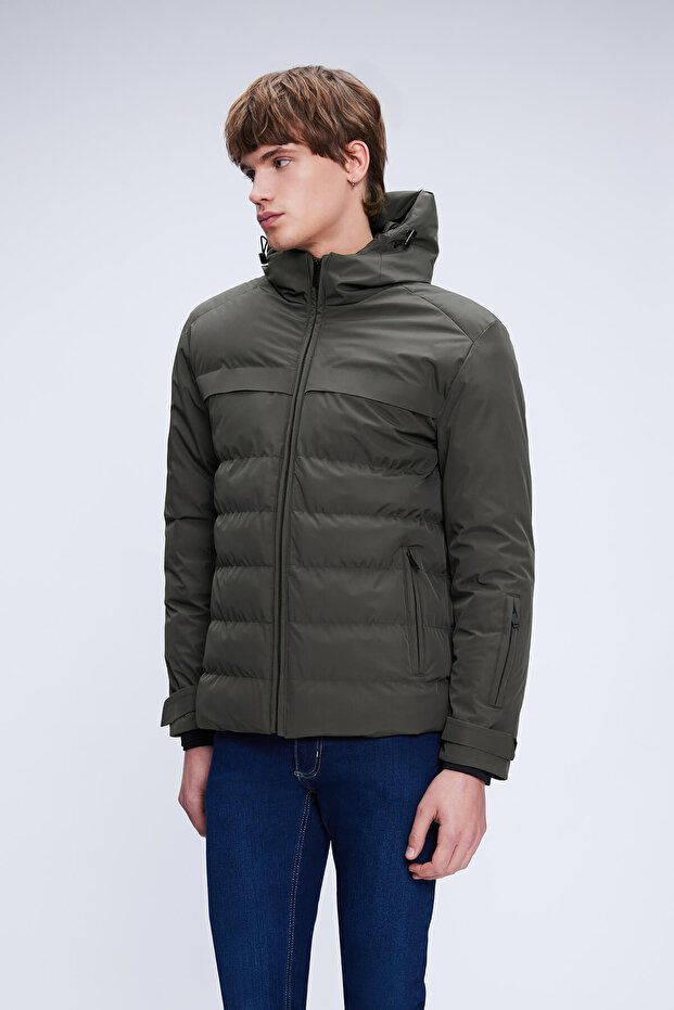 Khaki Regular Fit Judge Collar Hooded Coat