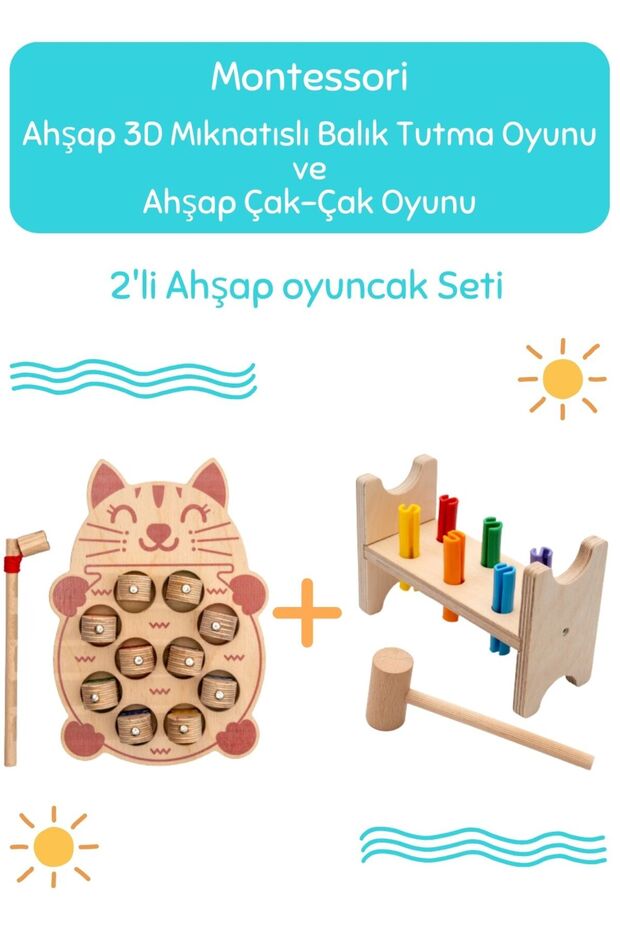 Montessori Magnetic 3D Wooden Fishing Game + Montessori Wooden Whack-A-Whack Game