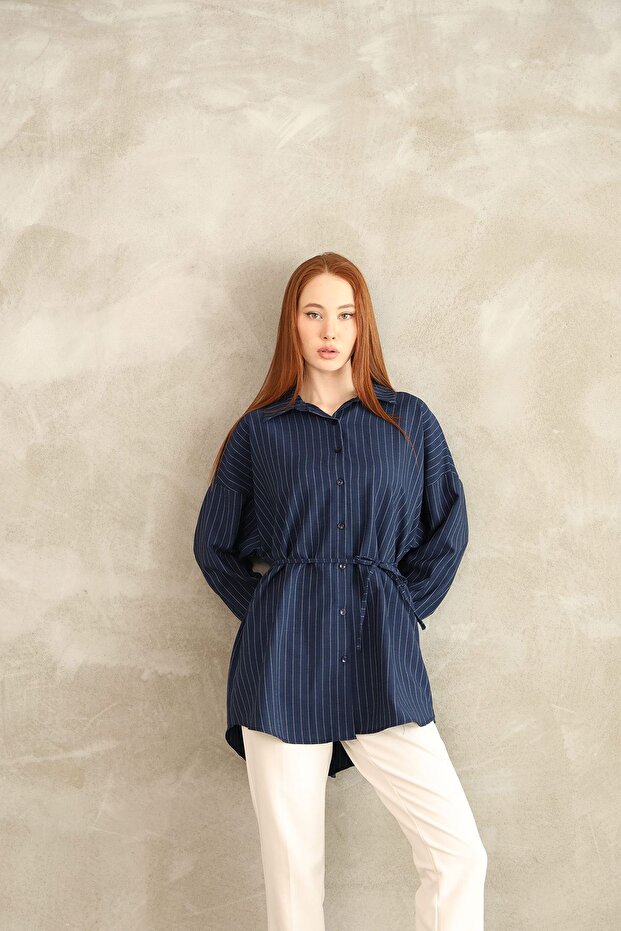 Back Robe Detail Striped Tunic-Navy Blue