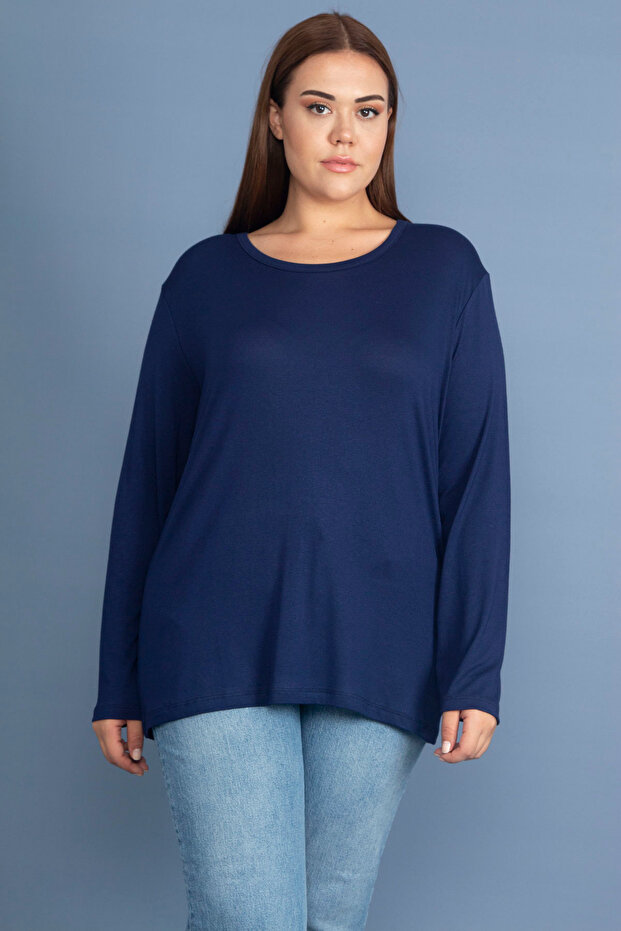 Women's Large Size Navy Blue Cotton Fabric Crew Neck Long Sleeve Blouse 65N37715
