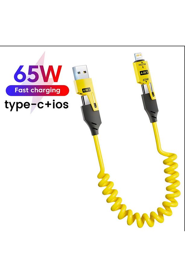 65w Çoklu 4in1 USB Type-C ve Lightning  Android Auto - CarPlay Sprial Kısa Şarj Ve Data Kablosu 1.5M - 1