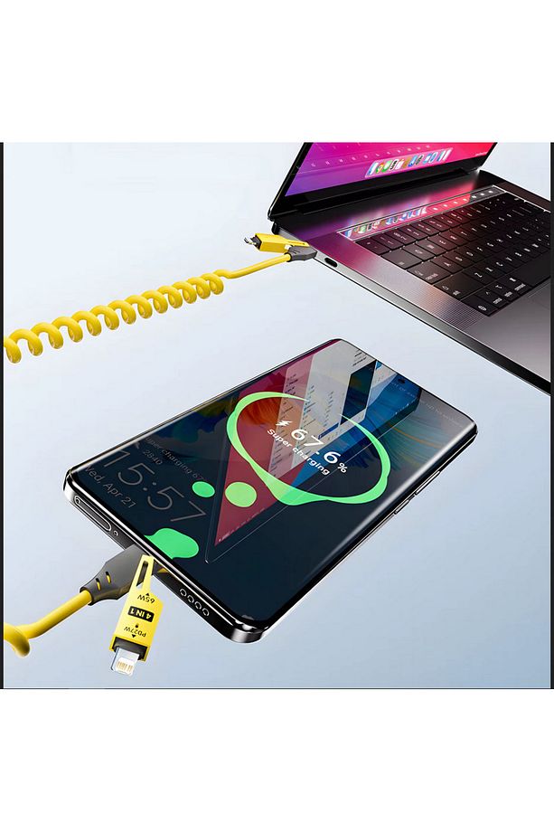 65w Çoklu 4in1 USB Type-C ve Lightning  Android Auto - CarPlay Sprial Kısa Şarj Ve Data Kablosu 1.5M - 3