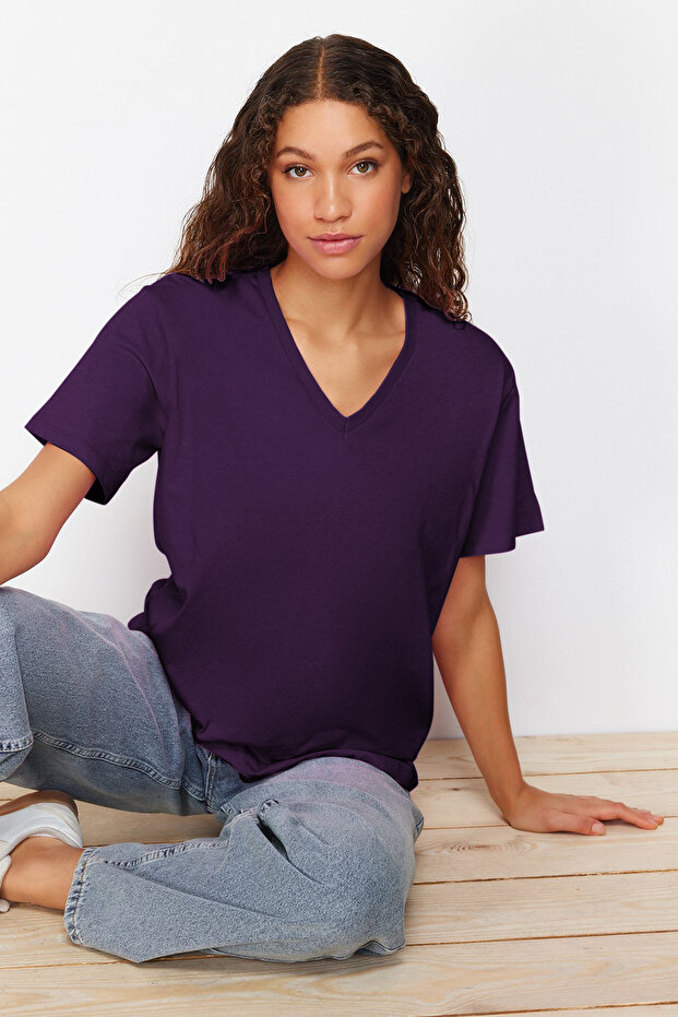 Mor %100 Pamuk Oversize/Geniş Kalıp V Yaka Örme T-Shirt TWOSS23TS00003 - 2