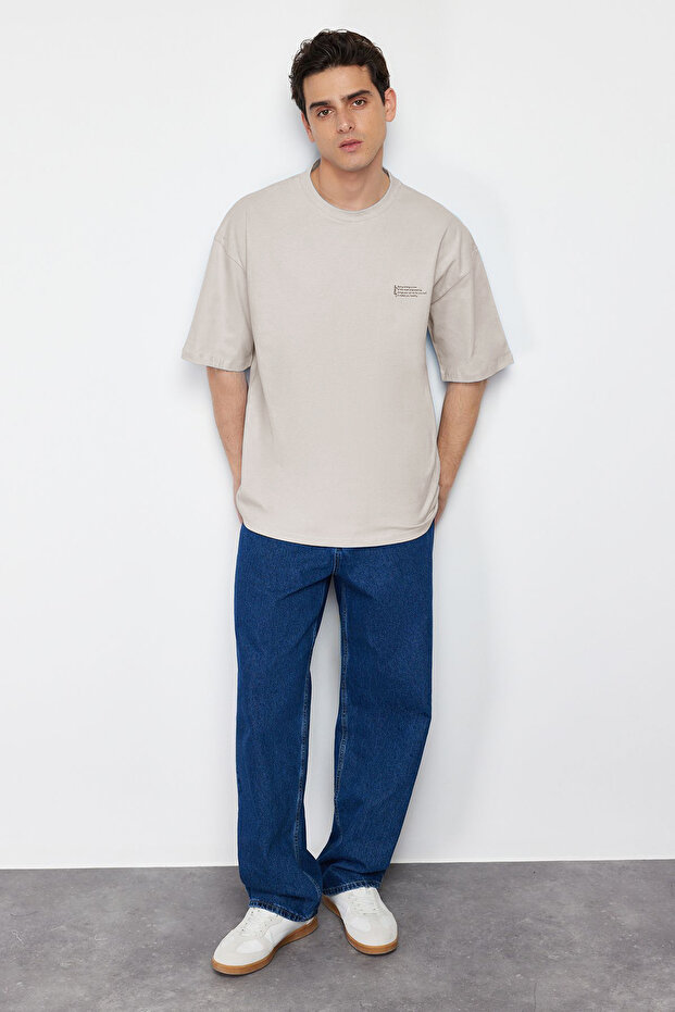 Taş Oversize %100 Pamuklu Bisiklet Yaka Minimal Yazı Baskılı Tok Kumaş T-shirt TMNSS23TS00084 - 5