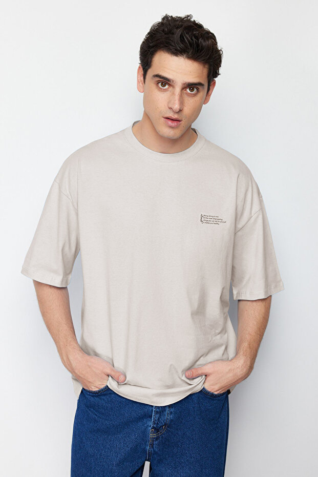 Taş Oversize %100 Pamuklu Bisiklet Yaka Minimal Yazı Baskılı Tok Kumaş T-shirt TMNSS23TS00084 - 1