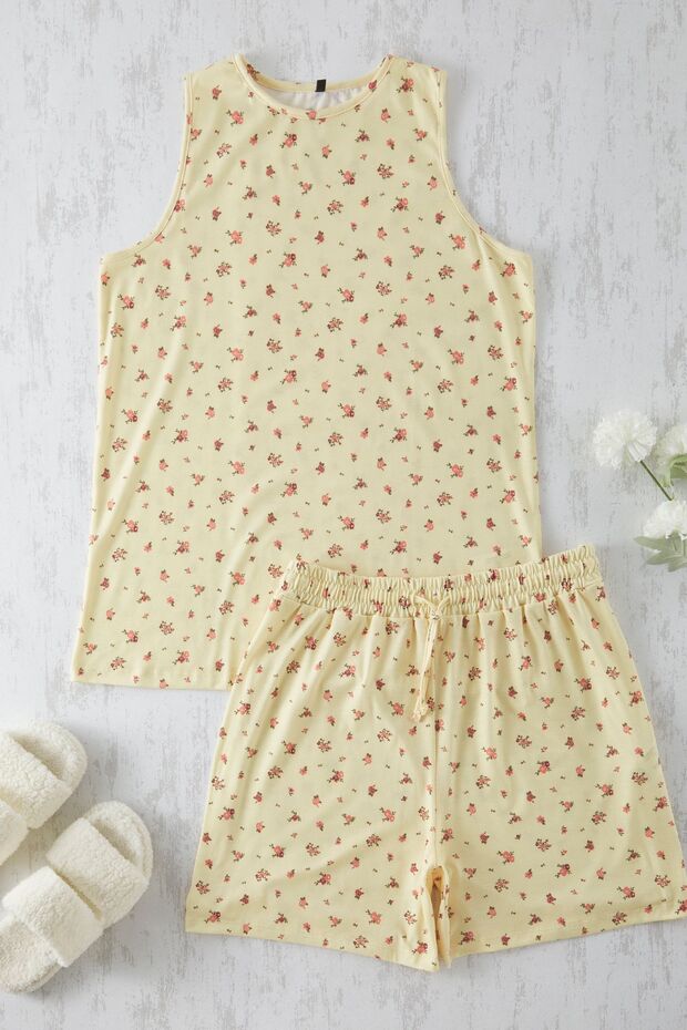 Jasnożółty, kwiatowy nadruk, dzianinowy zestaw piżamowy Tbbss25Ai00038 - 6