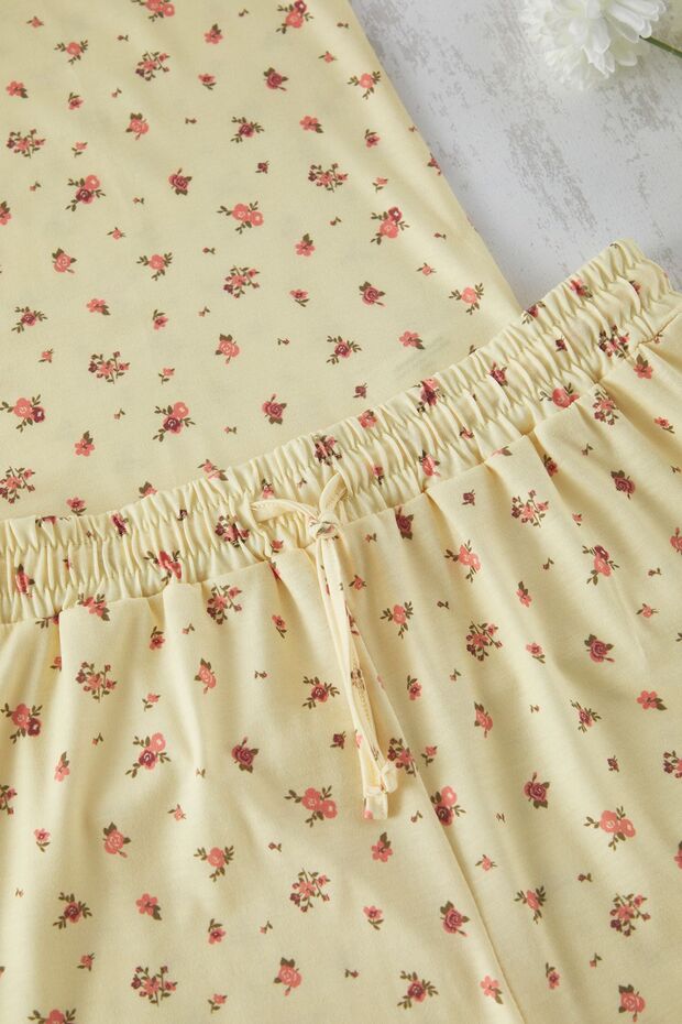 Jasnożółty, kwiatowy nadruk, dzianinowy zestaw piżamowy Tbbss25Ai00038 - 7