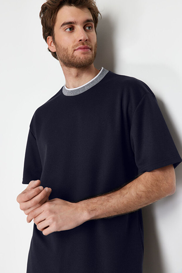 Lacivert Oversize/Geniş Kesim Triko Bantlı Dokulu Pike T-Shirt TMNSS23TS00079 - 5