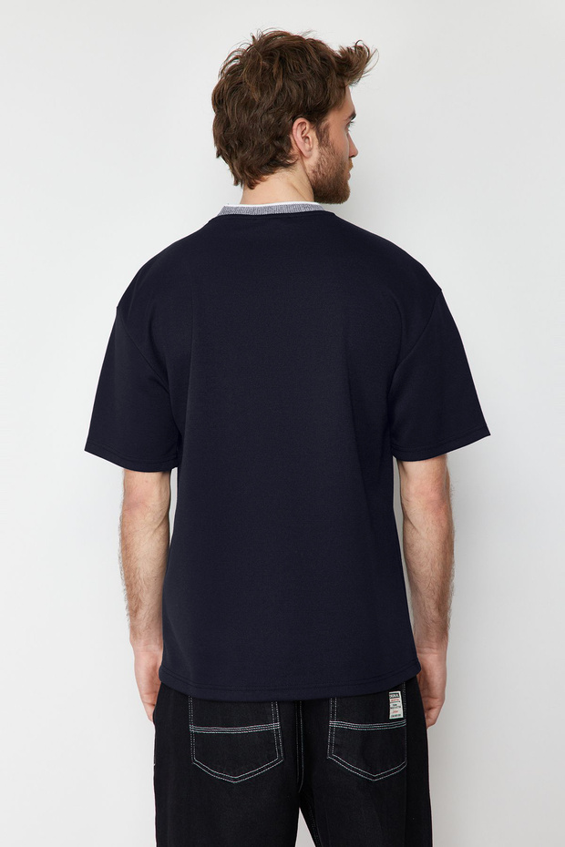 Lacivert Oversize/Geniş Kesim Triko Bantlı Dokulu Pike T-Shirt TMNSS23TS00079 - 8
