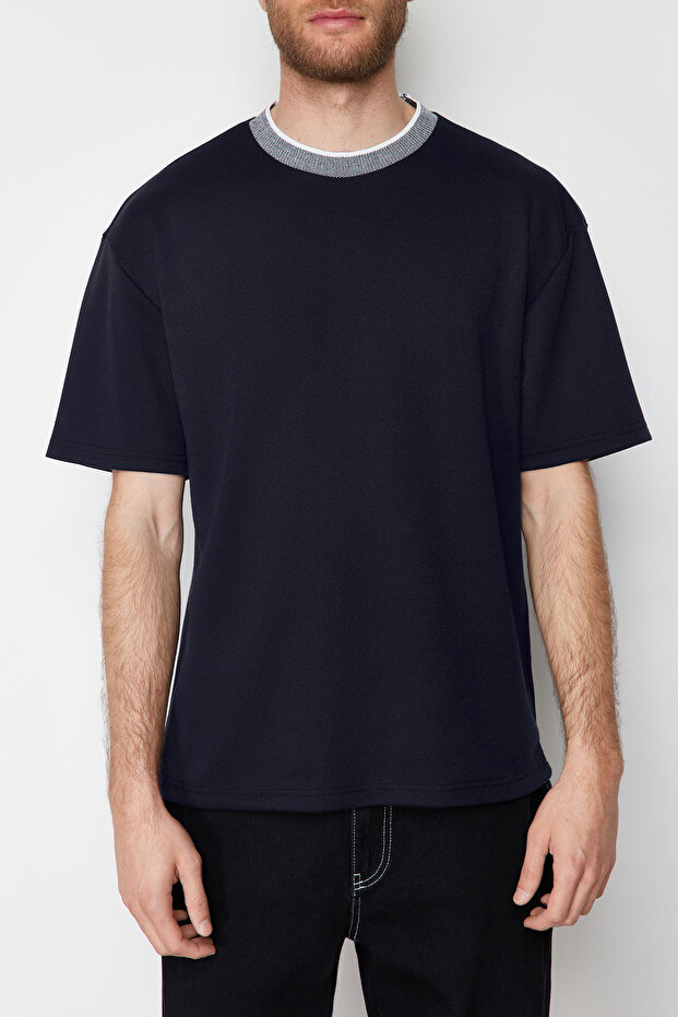 Lacivert Oversize/Geniş Kesim Triko Bantlı Dokulu Pike T-Shirt TMNSS23TS00079 - 7