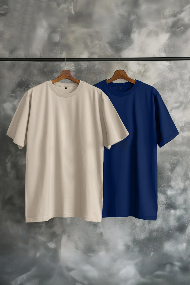 Lacivert-Taş Oversize 2'li Paket Basic %100 Pamuklu T-Shirt TMNSS24TS00038 - 1