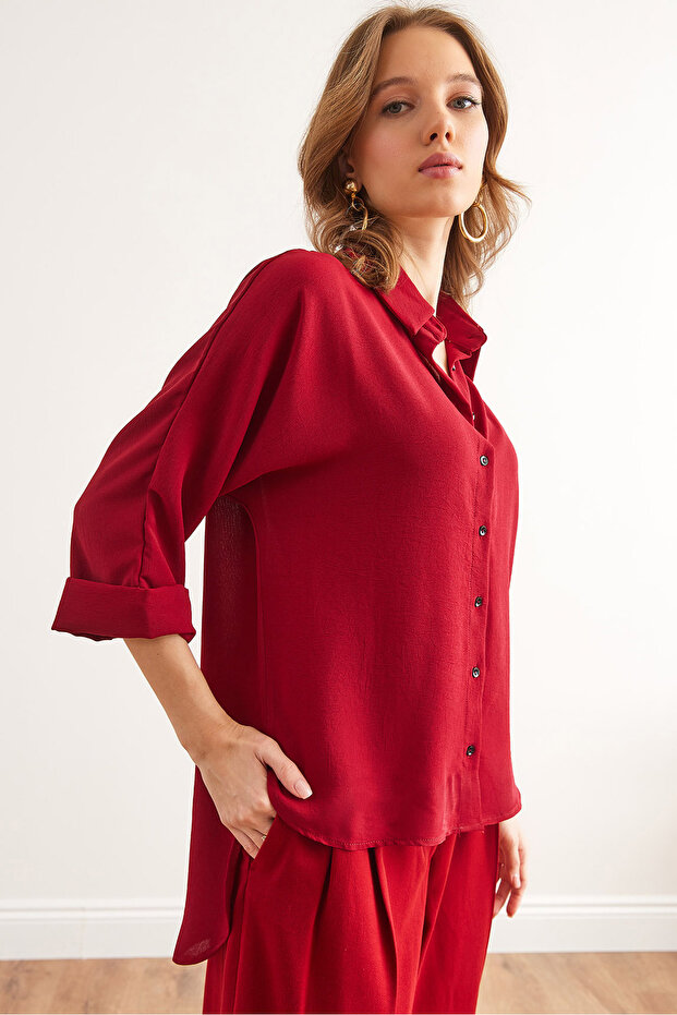 Women's Burgundy Three Quarter Sleeve Front Short Back Long Flowy Shirt Gml- 19001283