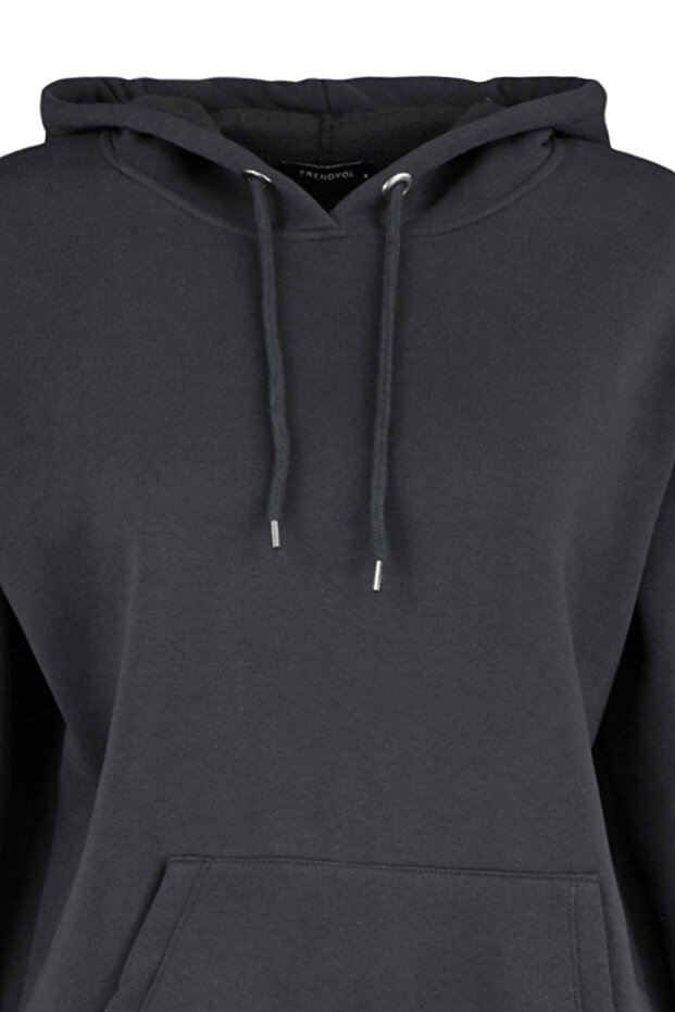 Antrasit Kanguru Cepli Kapüşonlu Boyfriend Şardonlu Örme Kalın Sweatshirt - 9