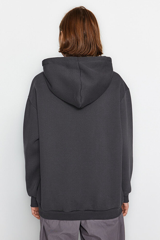 Antrasit Kanguru Cepli Kapüşonlu Boyfriend Şardonlu Örme Kalın Sweatshirt - 7