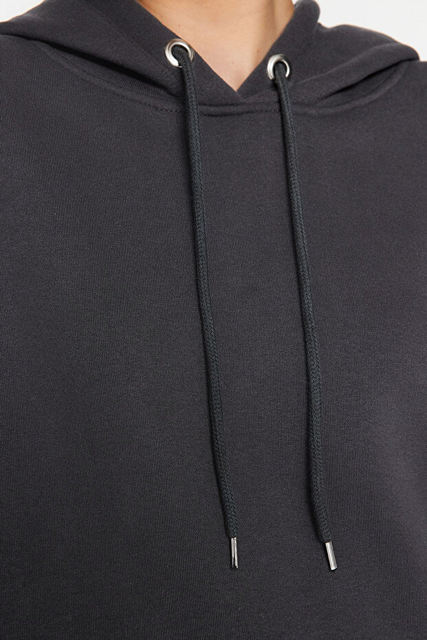 Antrasit Kanguru Cepli Kapüşonlu Boyfriend Şardonlu Örme Kalın Sweatshirt - 6