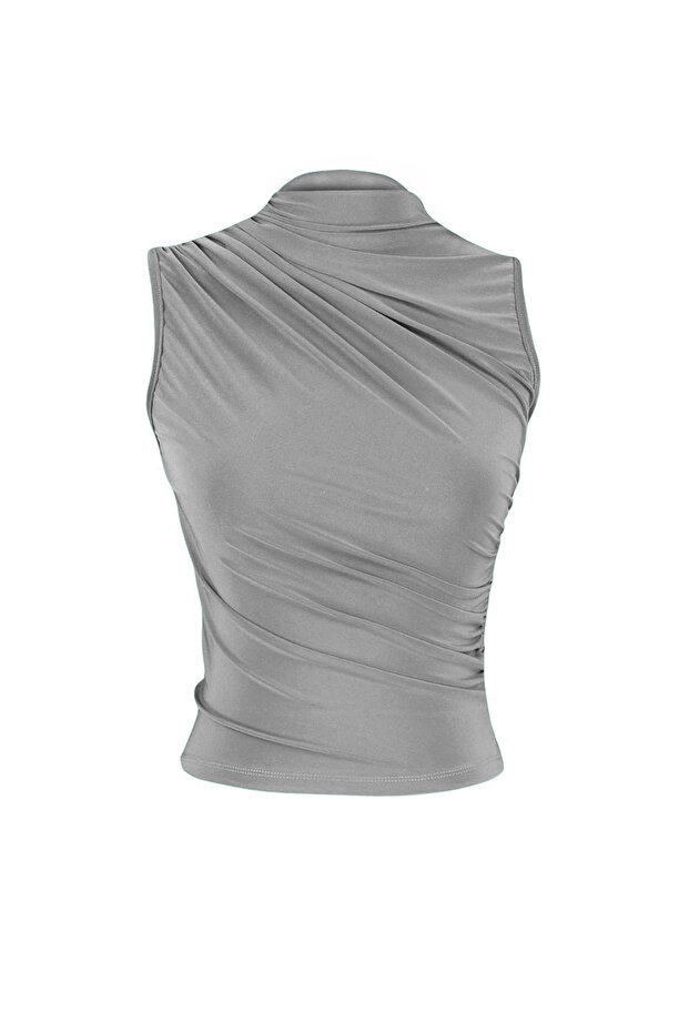 Gri Sıfır Kol Büzgülü Vücuda Oturan Esnek Örme Bluz TWOSS24BZ00486 - 7