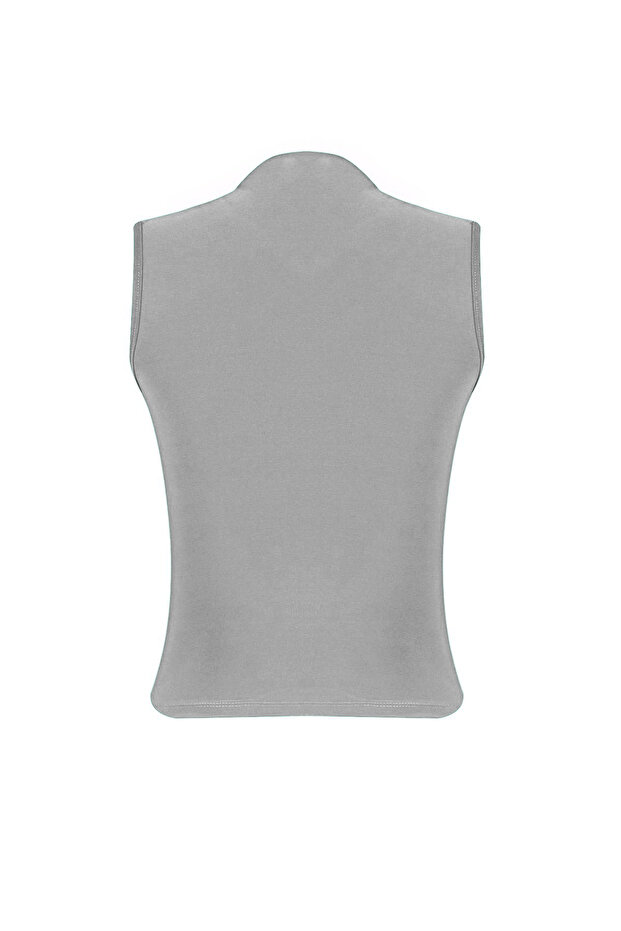Gri Sıfır Kol Büzgülü Vücuda Oturan Esnek Örme Bluz TWOSS24BZ00486 - 8