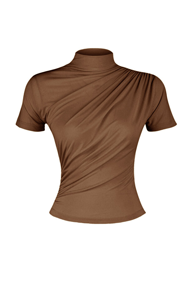 Kahverengi Drape Detaylı Fitted/Vücuda Oturan Kısa Kollu Dik Yaka Esnek Örme Bluz TWOSS24BZ00426 - 7