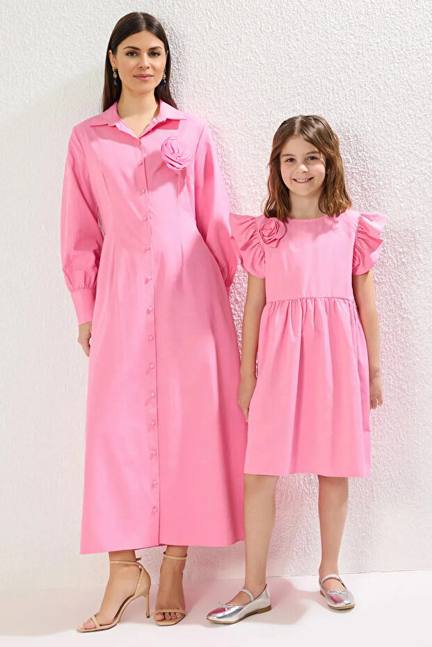 Pembe Kız Çocuk Mini Me Çiçekli Dokuma Elbise TKDSS25EL00044 - 1