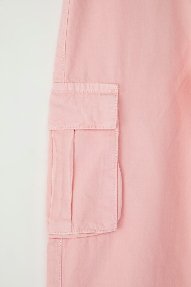 Pembe Kız Çocuk %100 Pamuk Cep Detaylı Wide Leg Lastikli Dokuma Pantolon TKDSS25PL00004 - 5