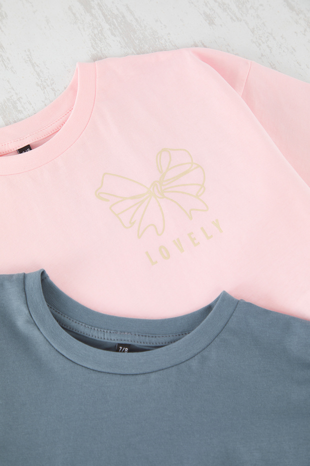 Antrasit-Pembe 2'li Kız Çocuk Pamuklu Slogan Baskılı Crop Kısa Kol Örme T-Shirt TKDSS25TS00055 - 3